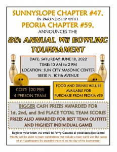 Flyer 2022 Tournament 231x300 8th Annual Wii Bowling Tournament / Sunnyslope Chapter #47 in partnership with Peoria Chapter #59